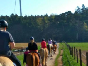 Kinder auf Pferden reiten einen Feldweg entlang