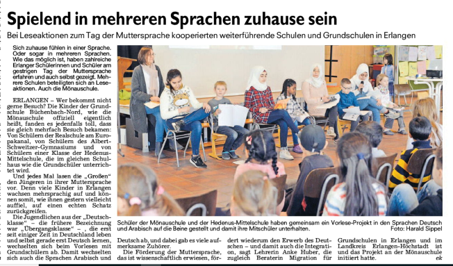 Zeitungsartikel zum Projekttag der Grundschule zum Tag der Muttersprache